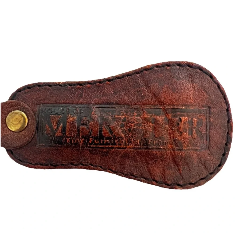 Vintage HOUSE OF MERGLER Genuine Leather Keychain Pendant Brown Bag Charm Ohio - Picture 4 of 7